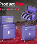 8 Drawer Rolling Tool Chest With Wheels Locking Detachable Cabinet Heavy Duty Steel Tool Cart With Liner And Hooks For Garage Workshop Warehouse Purple shown with dimensions