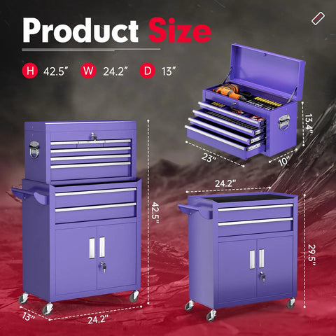 8 Drawer Rolling Tool Chest With Wheels Locking Detachable Cabinet Heavy Duty Steel Tool Cart With Liner And Hooks For Garage Workshop Warehouse Purple shown with dimensions