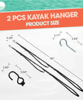 Double Kayak Rack for Wall or Ceiling Mounts with Adjustable Straps Hang Two Kayaks and Paddles Off the Floor Perfect for Surfboards Paddleboards SUPs and Canoes Easy Space Saving Storage Solution shown with dimensions and hooks.