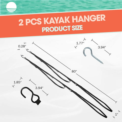 Double Kayak Rack for Wall or Ceiling Mounts with Adjustable Straps Hang Two Kayaks and Paddles Off the Floor Perfect for Surfboards Paddleboards SUPs and Canoes Easy Space Saving Storage Solution shown with dimensions and hooks.
