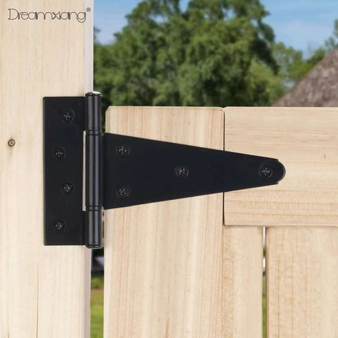 6 Inch T Strap Gate Hinges Tough As Nails Heavy Duty Barn Door Hardware on wooden gate, black powder coated iron