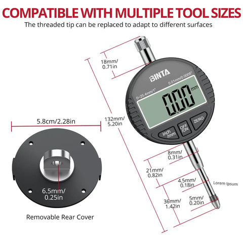 Pro Grade Digital Dial Indicator 1 Inch With 0.0005 Inch Resolution, LCD Readout, Zinc Alloy Body With Rear Cover, Black