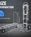 Versatile Heavy Duty Hand Truck With Reinforced Frame And Rust Proof Cargo Cart showing size information and load capacity