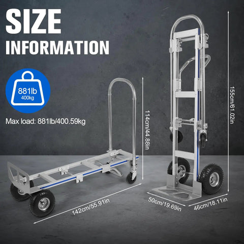 Dimensions of Lightweight Cargo Trolley With Rust Proof Build Wear Resistant Cart That Converts From Two Wheel Upright To Four Wheel