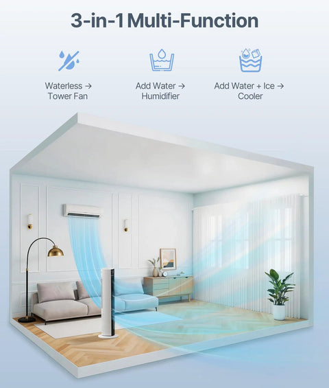 Evaporative Air Cooler Tower Fan For Bedroom, 38 Inch Portable Swamp Cooler with 3L Water Tank in living room setup