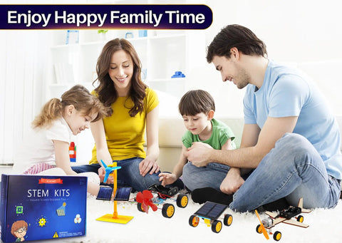 Hands-On STEM Kit For Kids Aged 8-12 With Solar Car, Solar Fan, Wind Car, And Wooden Plane shown in family play scene