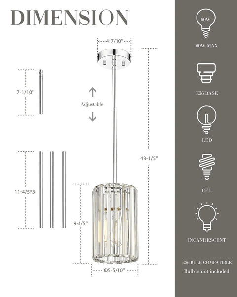 Diagram of Crystal Chandelier 4-Tier Modern Pendant Light dimensions and specifications for dining room, kitchen island, bedroom, entryway.