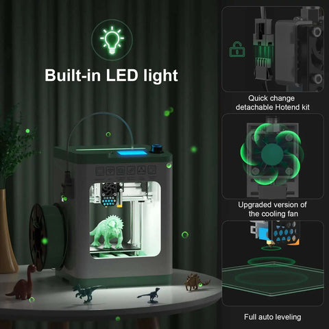 Tina2S 3D Printer With WiFi Cloud Printing on a table, showing built-in LED light, hotend kit, cooling fan, and auto leveling features.