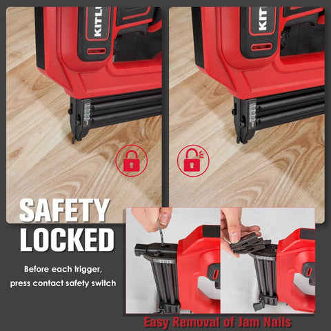2 In 1 Electric Brad Nailer And Staple Gun With 18 Gauge Nails And Narrow Crown Staples, safety features and jam nail removal process.