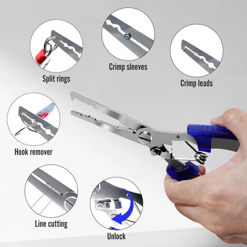 Grab And Go Fishing Pliers Set With Two Magnetic Hook Removers And Split Ring Pliers Non Slip Handles showing features and uses