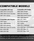 List of compatible models for Chrysler, Dodge, Jeep, Ram showing various year ranges on a transparent overlay above a vehicle.