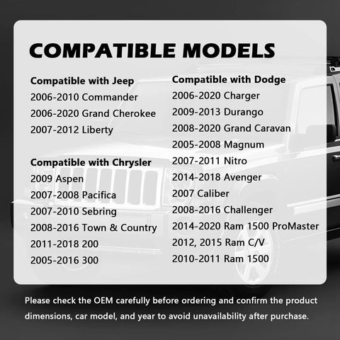List of compatible models for Chrysler, Dodge, Jeep, Ram showing various year ranges on a transparent overlay above a vehicle.