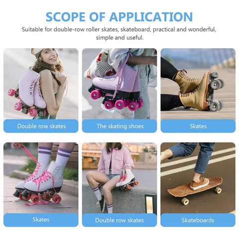 Six images showing applications for double-row skates and skateboards, including close-up views and action shots of skates and boards.