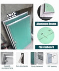 Premium Aluminum Gypsum Drywall Access Panel With Paintable Slick Finish For Attics And Indoor Walls No Sweat Setup Hella Durable Home Fix Upgrade Easy Peasy Install Clean Look showing aluminum frame, plasterboard, and zinc alloy handle.