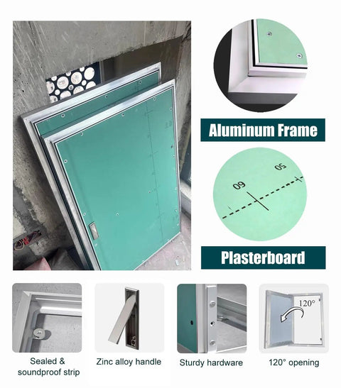 Premium Aluminum Gypsum Drywall Access Panel With Paintable Slick Finish For Attics And Indoor Walls No Sweat Setup Hella Durable Home Fix Upgrade Easy Peasy Install Clean Look showing aluminum frame, plasterboard, and zinc alloy handle.