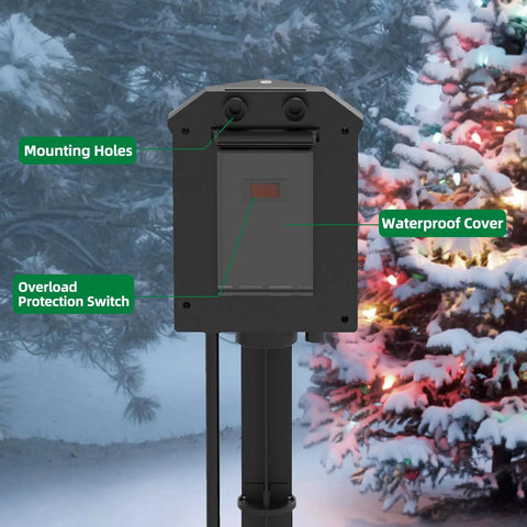 Front view of Weatherproof Outdoor Power Strip With 25 Ft Heavy Duty Extension Cord And Stake Mount, 6 Grounded Outlets