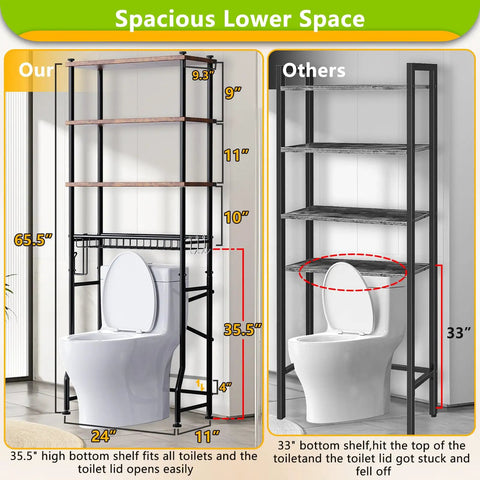Four Tier Over The Toilet Storage Shelf Organizer For Bathroom Freestanding 4 Shelf Cabinet With Waterproof Feet Basket Easy Assembly Space Saver Durable Particle Board Brown showing spacious lower space comparison with competitor.
