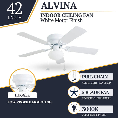 Alvina 42 Inch Ceiling Fan With Light and LED Kit, Flush Mount Indoor Fan With Five Blades, White and Gray Oak Finish, display