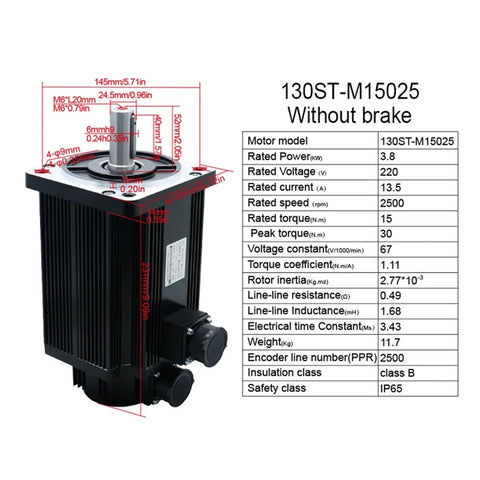130ST-M15025 servo motor with dimension diagram and spec table; 3.8 kW, 220 V, 2500 rpm, without brake