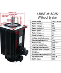 130ST-M15025 servo motor with mounting flange, black finned housing; dimension diagram on left and spec table on right.