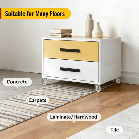 Slick Two Inch Clear Casters Featuring Top Shelf Polyurethane Build With A Heavy Duty Two Hundred Sixty Five Pound Rating For No Sweat Rolling On Hardwood Tile Or Carpet Floors Perfect For DIY Furniture Refreshes And Solid Workbench Upgrades Set Of Four on furniture gliding over laminate and tile.