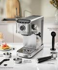 Compact Stainless Steel Espresso Machine With 20 Bar Pump And Pro Steam Wand drops cafe grade crema on counter with accessories.