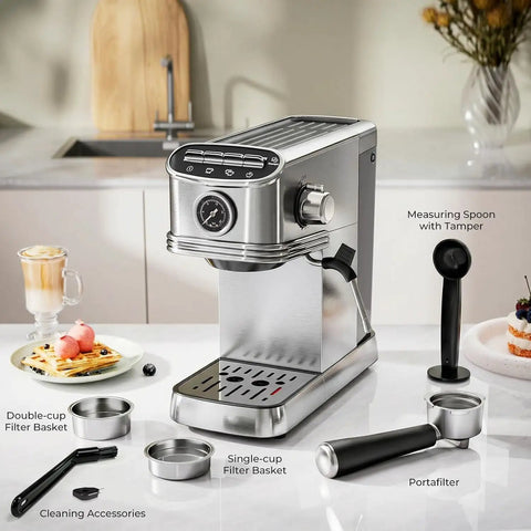 Compact Stainless Steel Espresso Machine With 20 Bar Pump And Pro Steam Wand drops cafe grade crema on counter with accessories.