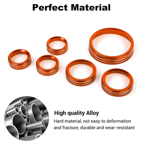 Orange Aluminum Alloy 6 Piece Switch Knob Set For Air Conditioning Headlights 4WD And Trailer Gear Covers For 2021 2022 2023 2024 2025 2026 Ford Bronco Interior Accessories Not For Bronco Sport displayed on white background showing durability with alloy image