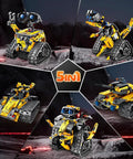 Epic 5 In 1 Robot Building Kit For Kids With 520 Pieces, detailed view of all models including wall robot, dino, tank, stunt car.