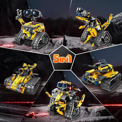 Epic 5 In 1 Robot Building Kit For Kids With 520 Pieces, detailed view of all models including wall robot, dino, tank, stunt car.