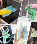 Edgeless Microfiber Towels 20 Pack For Car Detailing And Home Cleaning 12 By 12 Inch No Fuss Reusable Lint Free Streak Free Glass And Stainless Steel Kitchen And Garage Rags in use, showcasing cleaning diverse surfaces including kitchen, bathroom, car wheel, and garage setting.