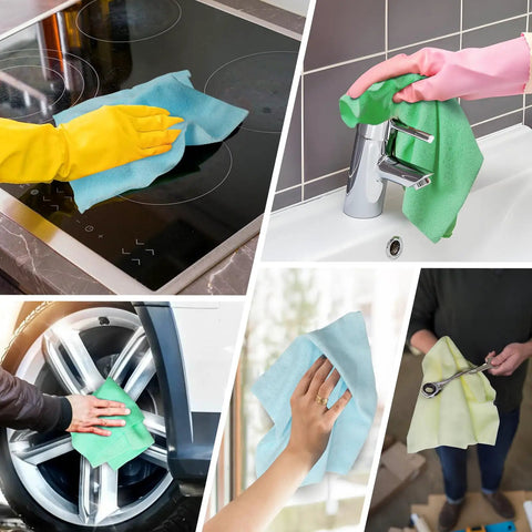 Edgeless Microfiber Towels 20 Pack For Car Detailing And Home Cleaning 12 By 12 Inch No Fuss Reusable Lint Free Streak Free Glass And Stainless Steel Kitchen And Garage Rags in use, showcasing cleaning diverse surfaces including kitchen, bathroom, car wheel, and garage setting.