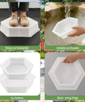 Two-size hexagon stepping stone molds for concrete, shown in various uses and angles, reusable plastic cement molds for DIY walkways.
