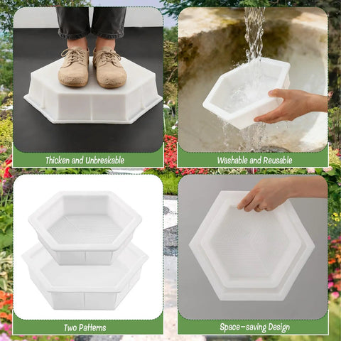Two-size hexagon stepping stone molds for concrete, shown in various uses and angles, reusable plastic cement molds for DIY walkways.