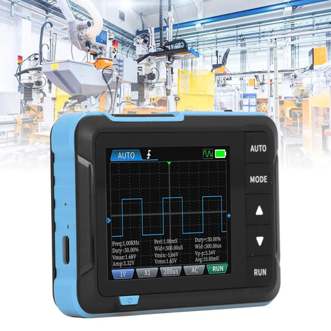 Image of a handheld oscilloscope with 5MS real-time sampling and 1MHz bandwidth, dual channel, 8-inch LCD in an industrial setting.