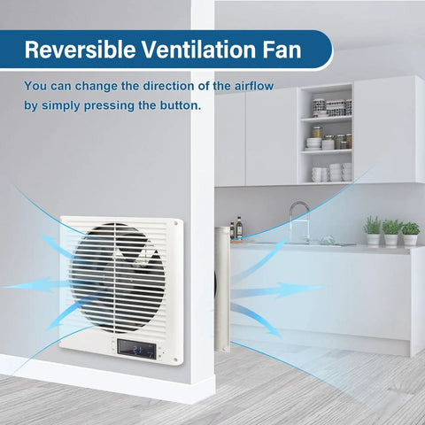 8 Inch In Wall Vent Fan For Room To Room Air Transfer installed in kitchen with reversible airflow and digital display
