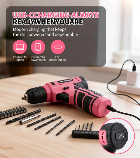 No Sweat Cordless Drill Driver Kit Featuring 62 Piece Precision Screwdriver Bit Set With Live Battery Percentage Display showing USB charging and battery indicator.