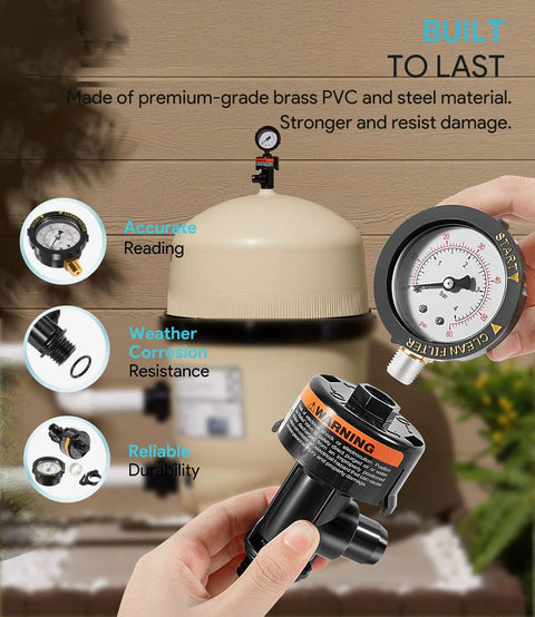 Front view of high-flow manual air-relief valve with pressure gauge for pool and spa filter