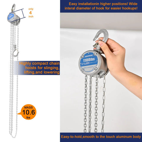 Industrial Mini Manual Chain Hoist With 1100 Lbs Capacity And 10 Foot Lift, compact design held in hand view