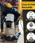 2 Pack DXVC4001 Replacement Filter being installed in stainless steel wet dry vacuum, showing easy installation steps