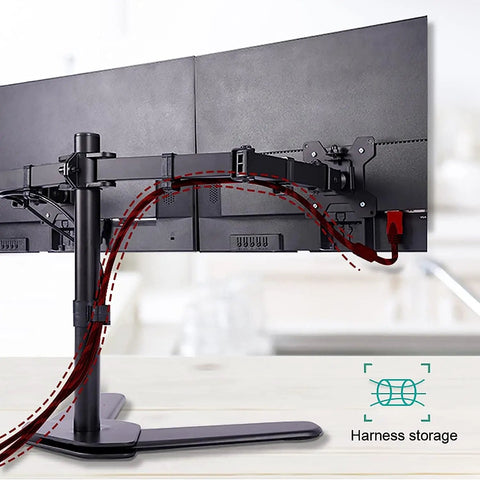 Universal Tabletop Monitor And TV Stand With Full Motion Articulating Arm showing cable management and dual monitor setup.
