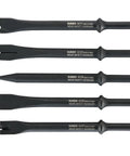 Air Hammer Chisel Set 7 Inch Cutting Kit in Portable Tool Roll 5 Piece with beefy chamfer design extending chisel life displayed
