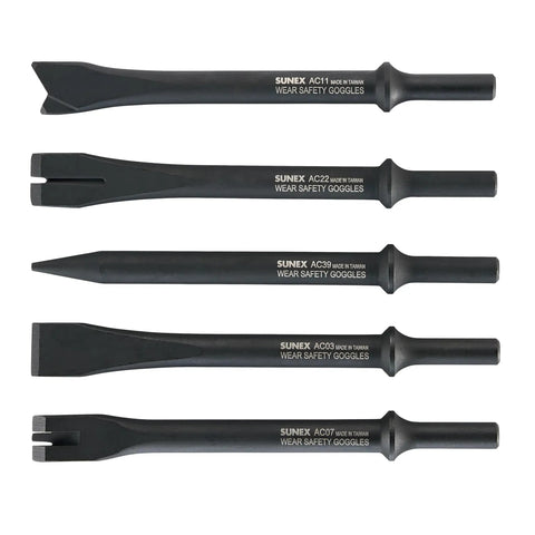 Air Hammer Chisel Set 7 Inch Cutting Kit in Portable Tool Roll 5 Piece with beefy chamfer design extending chisel life displayed