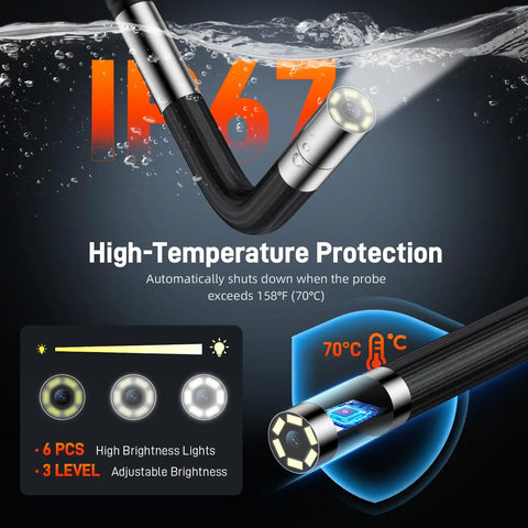 Beast Pro Grade Two Way Articulating Borescope With Light 1080P Endoscope Camera Flexible Probe And 5 Inch IPS Screen IP67 Waterproof 5 Foot Cable showing 70°C protection and lit probe tip