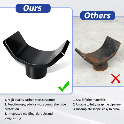 Front view of black metal heavy-duty bottle jack adapter saddle for RV, trailer and truck jacks