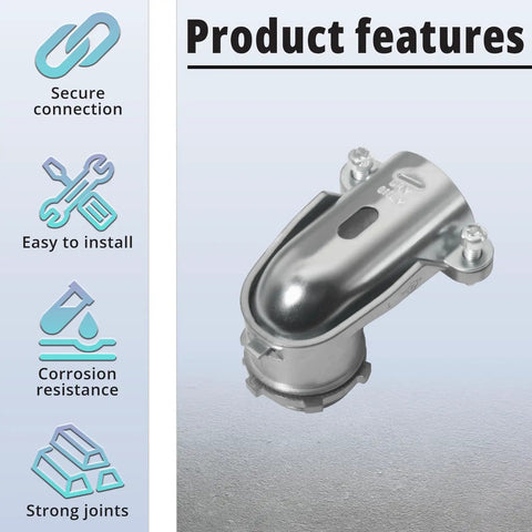 Product features of 2 Pack 3/4 Inch Flexible Metal Conduit Elbow 90 Degree Squeeze Connector Heavy Duty Toolless Wiring Joint.