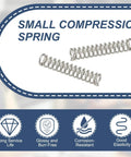 2 Mm Outer Diameter 0.3 Mm Wire 10 Mm Free Length Stainless Steel Compression Spring Pack Of 10 For DIY Projects Home Repairs Small Extension Spring 304 Silver Tone displayed on a blue background featuring durability icons.