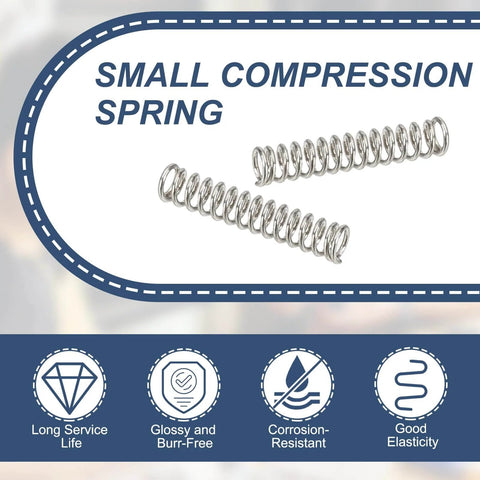 2 Mm Outer Diameter 0.3 Mm Wire 10 Mm Free Length Stainless Steel Compression Spring Pack Of 10 For DIY Projects Home Repairs Small Extension Spring 304 Silver Tone displayed on a blue background featuring durability icons.