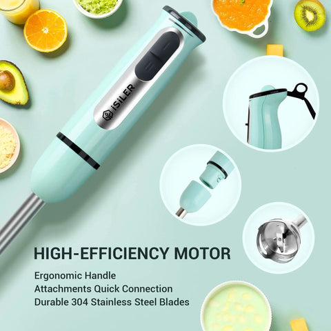 All-In-One 5-In-1 Immersion Hand Blender With 500W Power And Quick-Connect Attachments shown with ergonomic handle and stainless blades