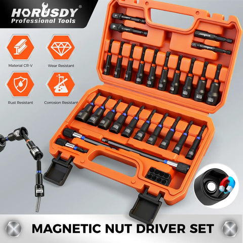 Open case with 35 Piece Magnetic Nut Driver Set With One Quarter Inch Hex Shank Quick Release Extensions And Impact Socket Adapters
